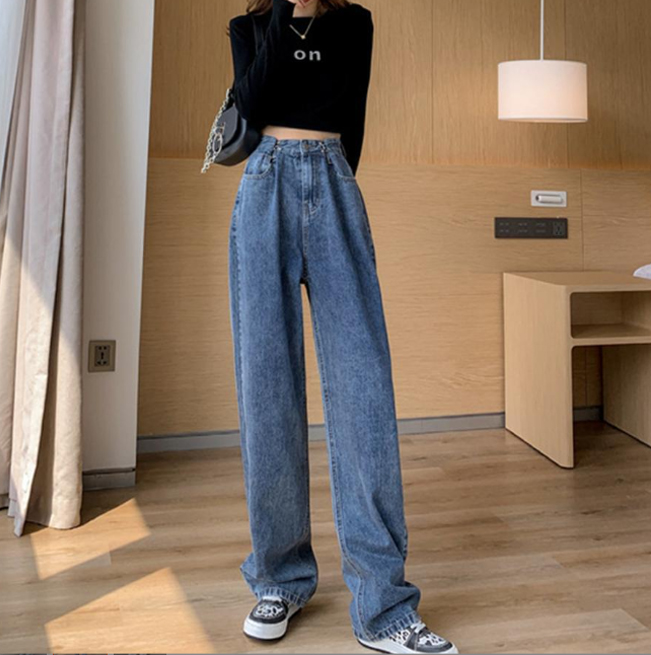 青ファッション ハイウエストゆったりワイドデニムパンツ