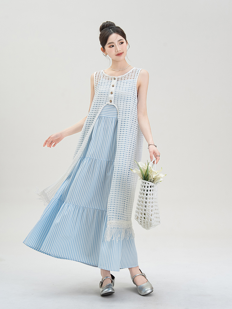 青ファッション レイヤード風マキシスカート