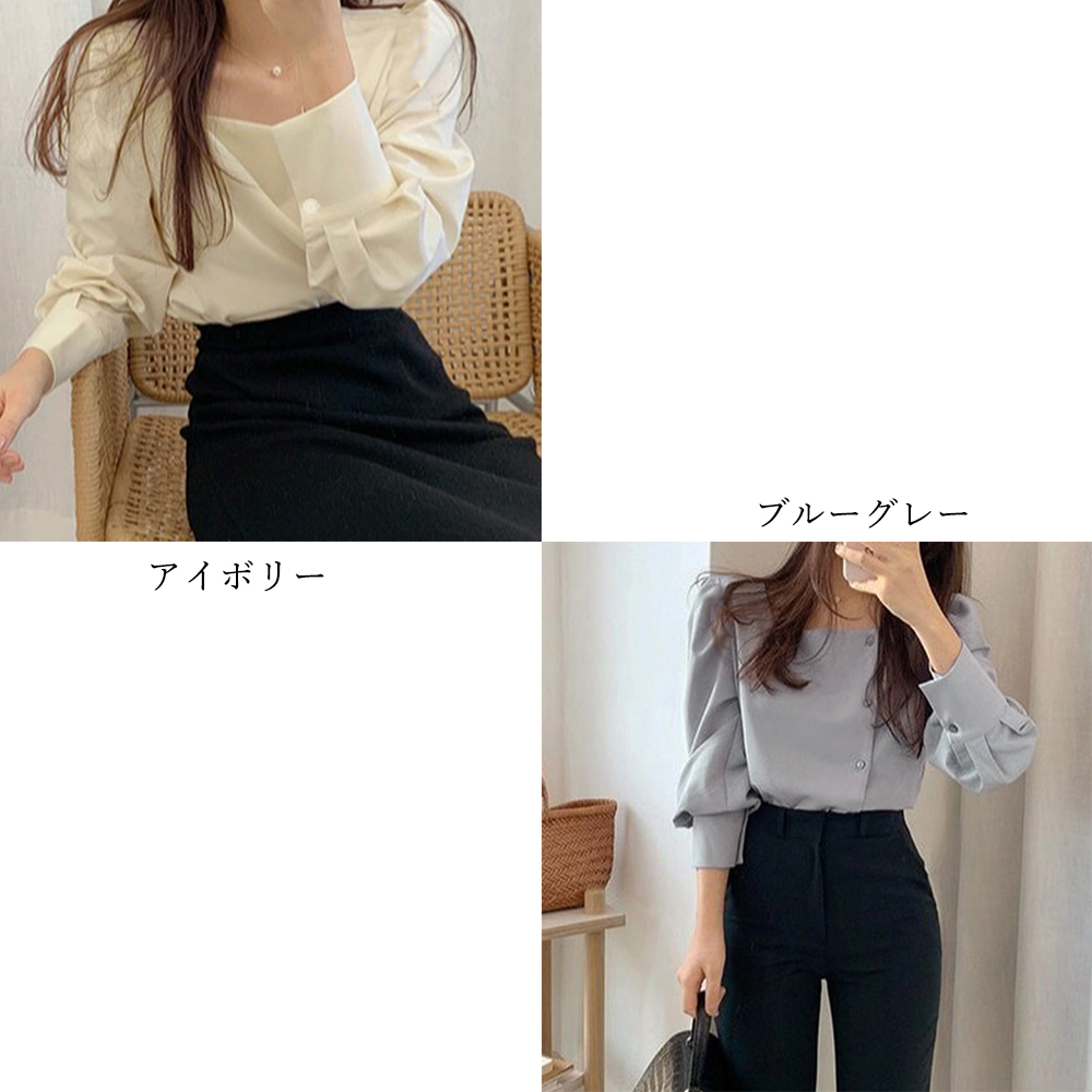 青ファッション スクエアネック とろみシャツ レディース 通勤