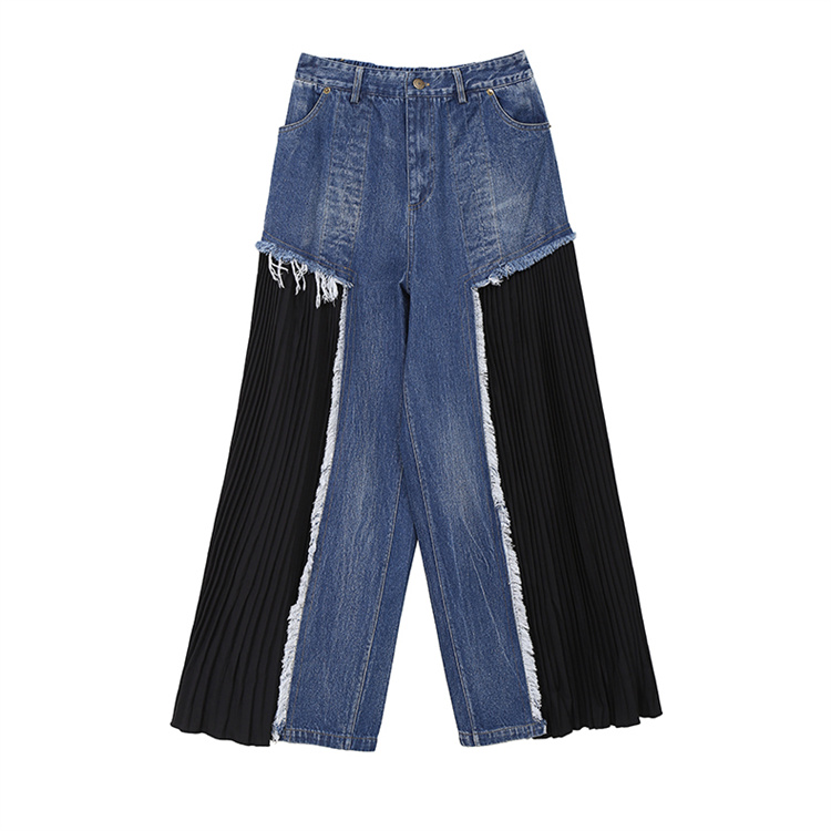 青ファッション 洗練されたハイウエストデニム切替プリーツワイドパンツ
