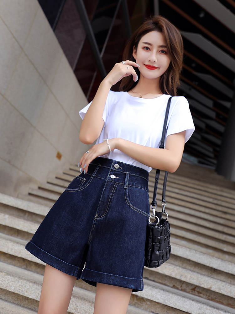 青ファッション ハイウエストデニムショートパンツ