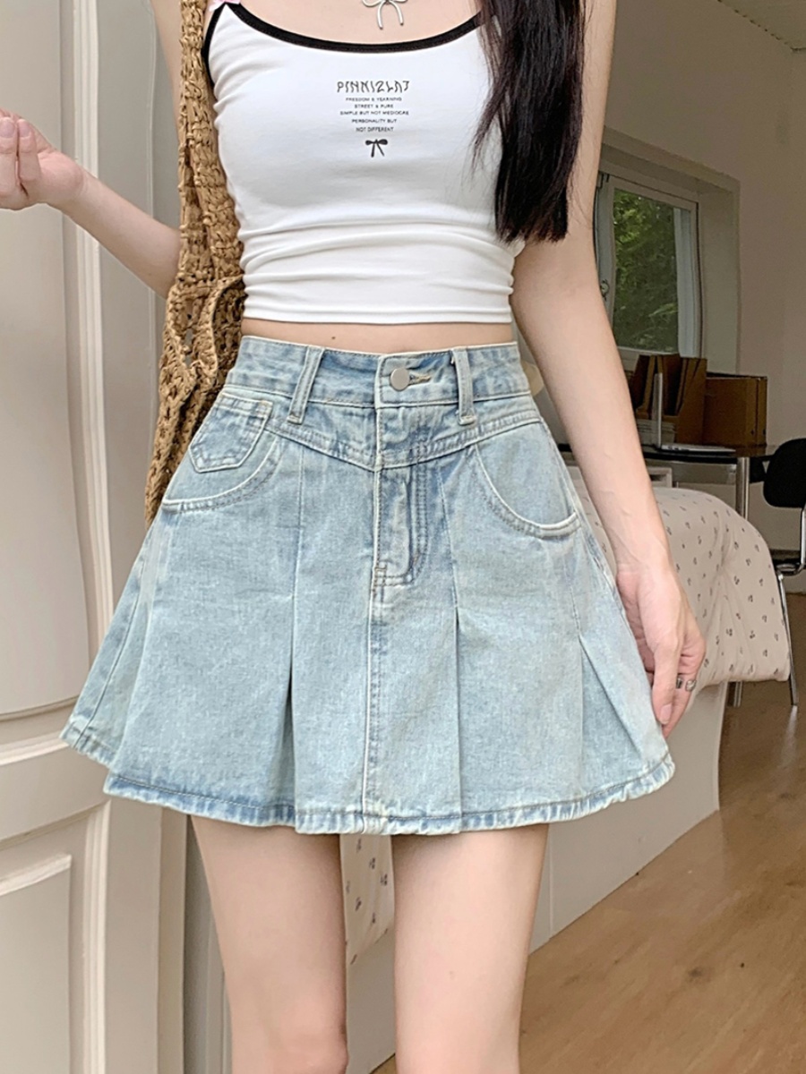 青ファッション 青ファッション ふんわりプリーツデニムスカート