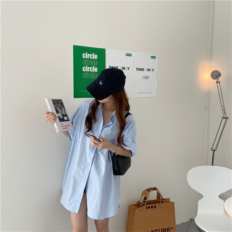 青ファッション ゆったりシルエット中丈シャツワンピース