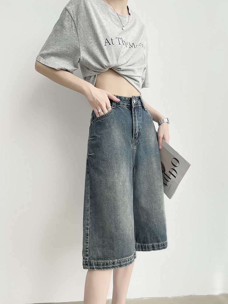 青ファッション ヴィンテージ風ゆったりデニムハーフパンツ