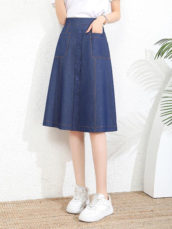 青ファッション 青ファッション フロントボタン デニムミディスカート