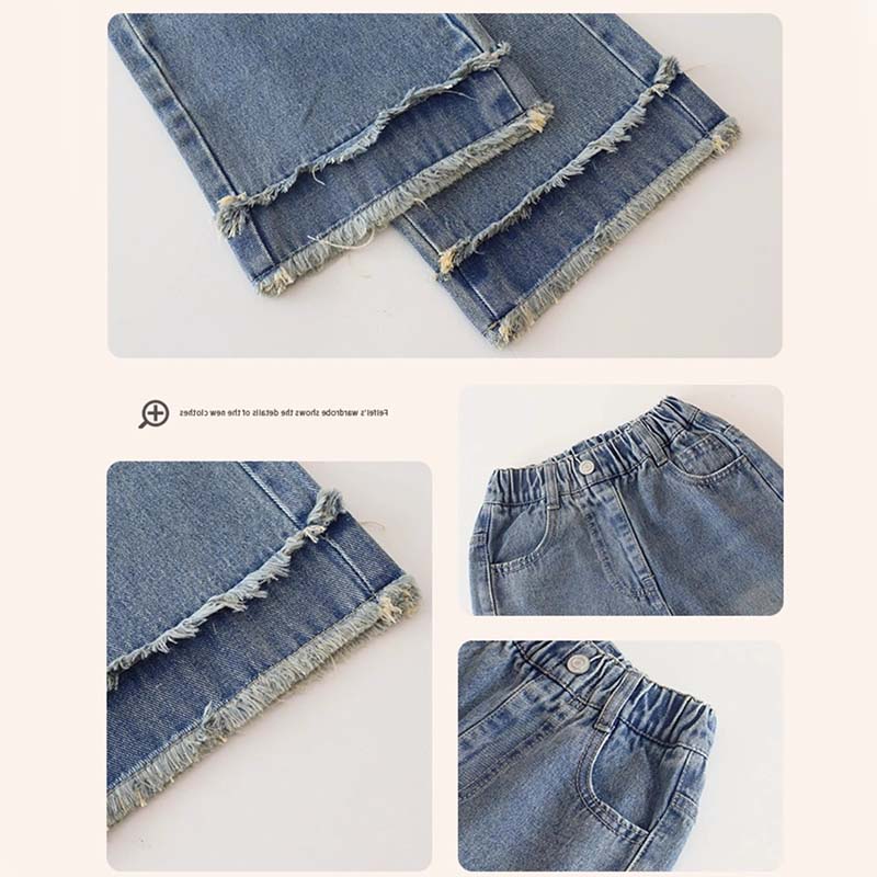青ファッション 子供服デニムパンツ切りっぱなしワイドストレート