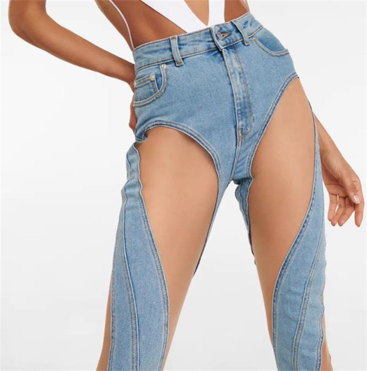 青ファッション スプリット切り替えデニムパンツ