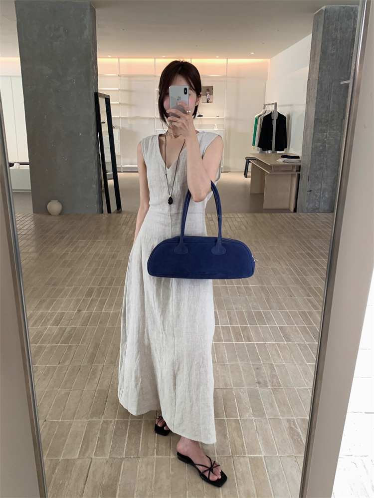 青ファッション 袖なし深首リネン風ワンピース背中紐付き夏用