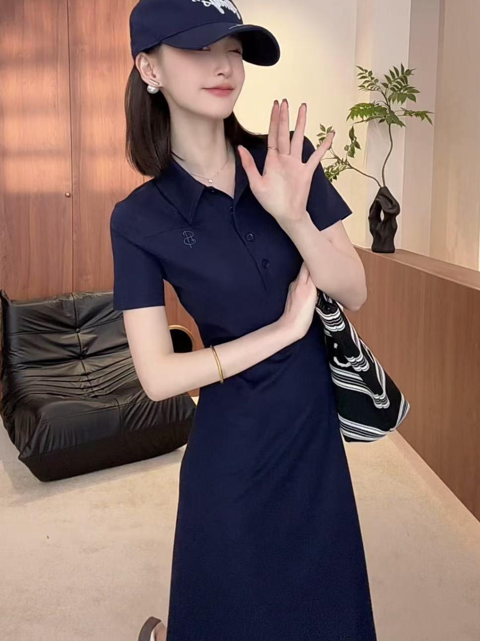 青ファッション すっきり襟付きミディ丈ワンピース
