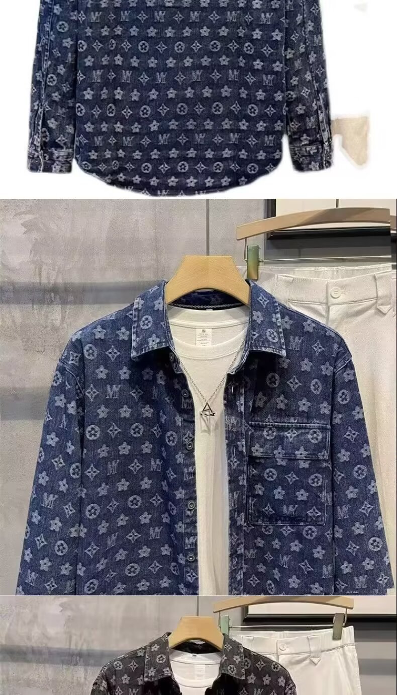 青ファッション 花模様デニムシャツジャケット