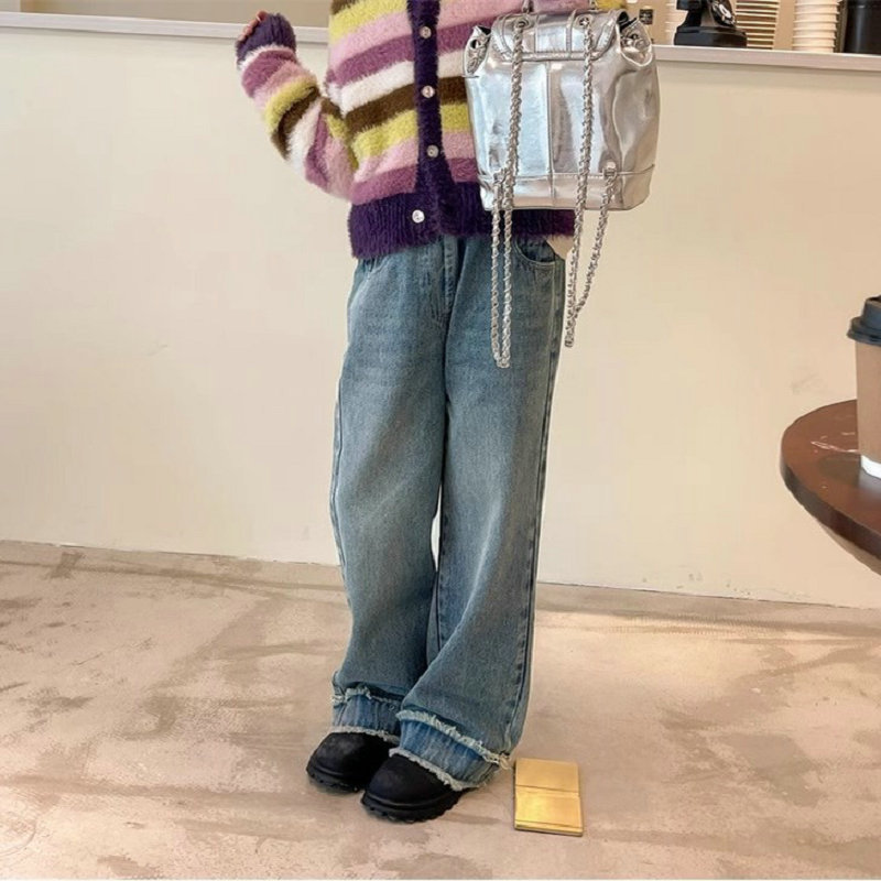 青ファッション 子供服デニムパンツ切りっぱなしワイドストレート