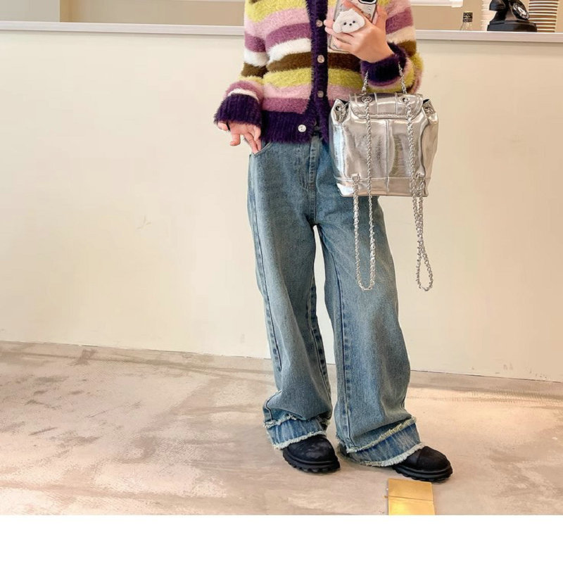 青ファッション 子供服デニムパンツ切りっぱなしワイドストレート