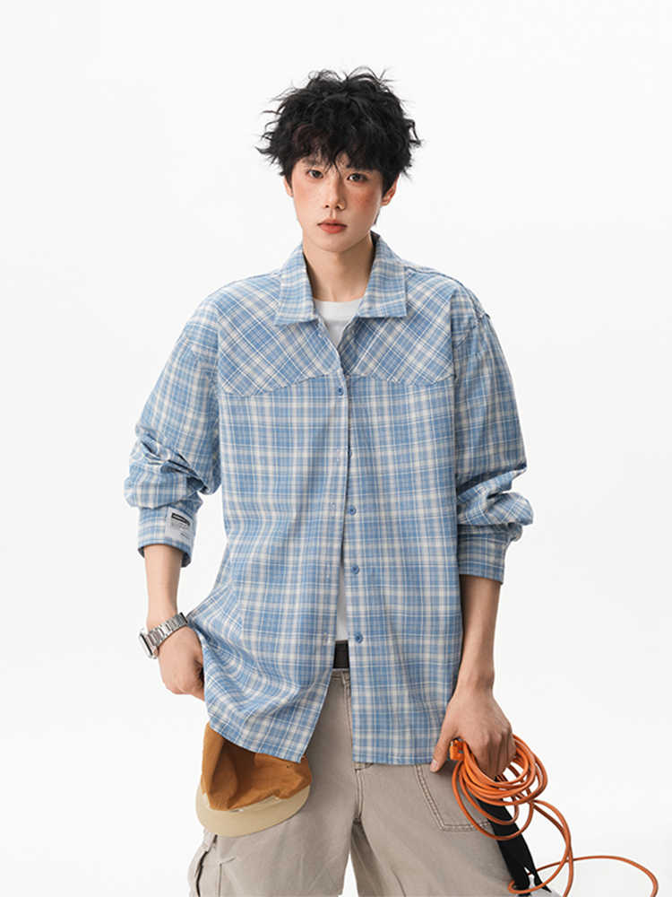 青ファッション 格子柄ゆったりオーバーシャツ