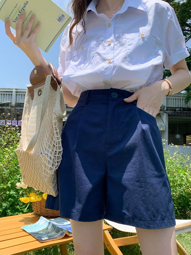 青ファッション ゆったりコットンハーフパンツ