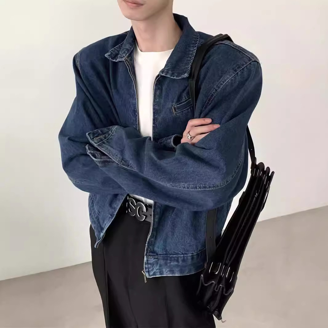 青ファッション シンプル洗い加工デニムジャケット