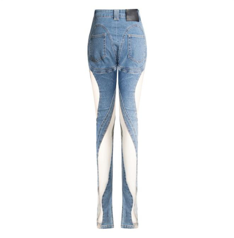 青ファッション スプリット切り替えデニムパンツ