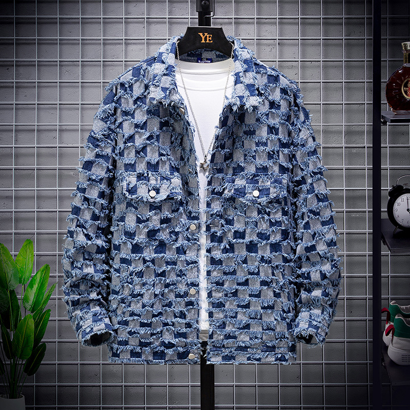 青ファッション 市松模様デニムジャケット