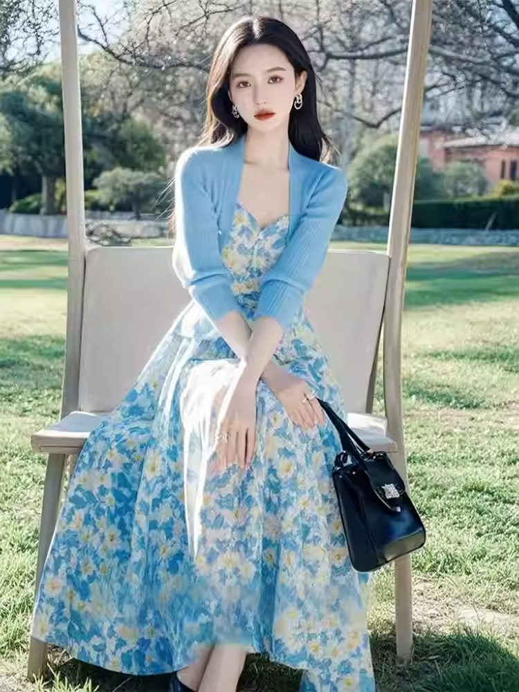 青ファッション 青ファッション 春の花園リブ編みカーディガン