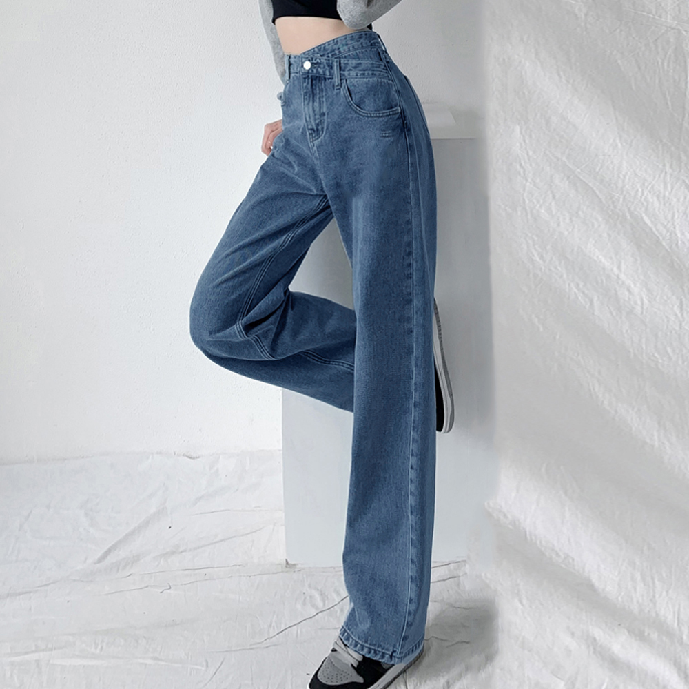 青ファッション ハイウエストクロスデザインデニムパンツ