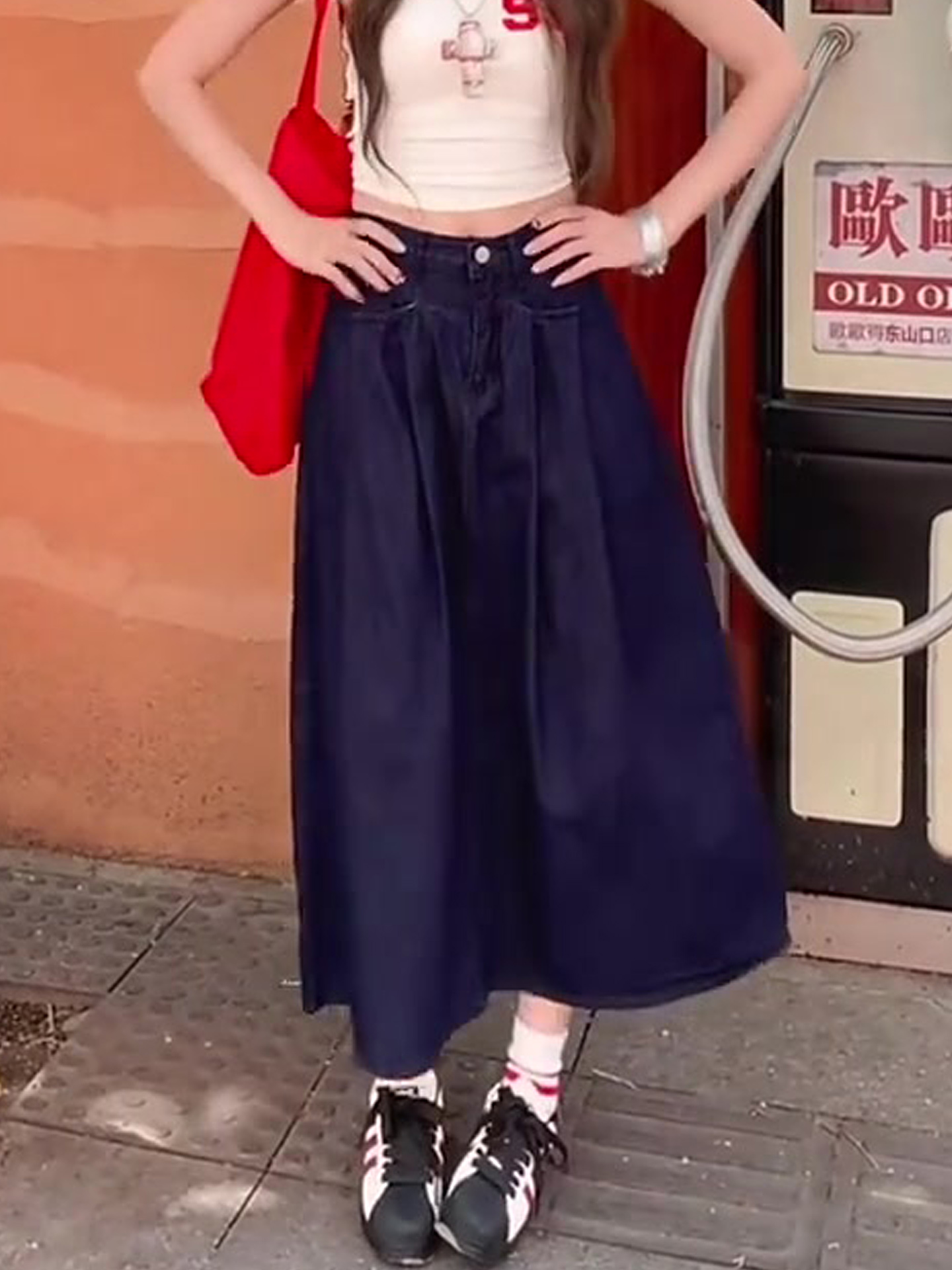 青ファッション ゆったりデニムフレアロングスカート