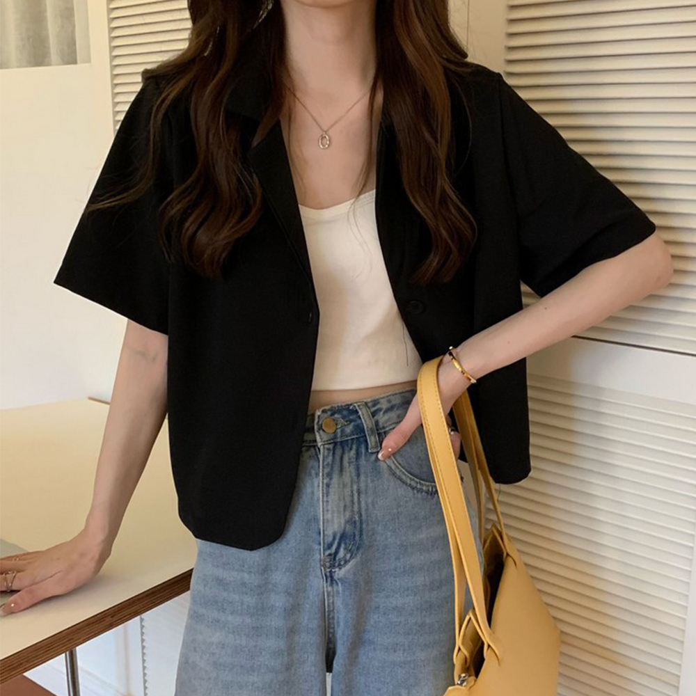 青ファッション 青み色クロップド丈半袖シャツジャケット