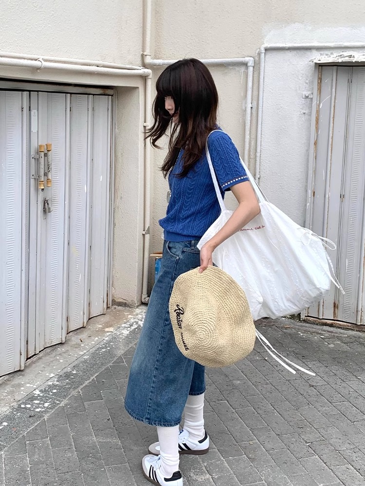 青ファッション 波模様編み襟付き半袖ニットポロ