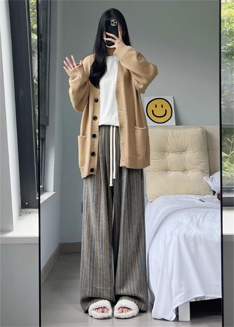青ファッション 大人可愛い縦縞柄ワイドパンツ レディース