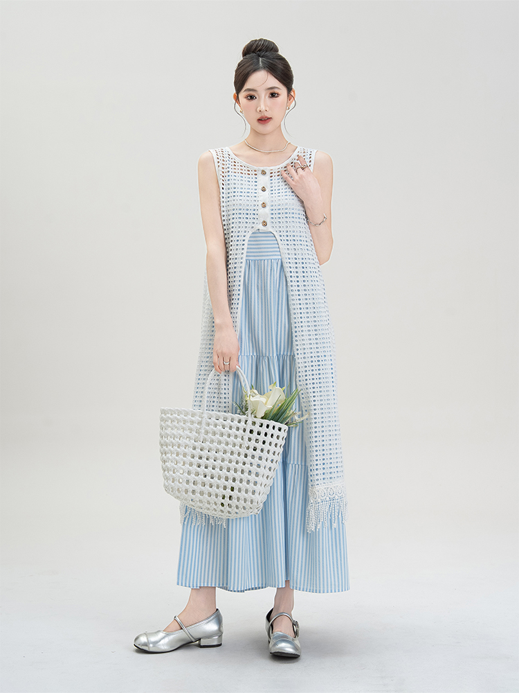 青ファッション レイヤード風マキシスカート