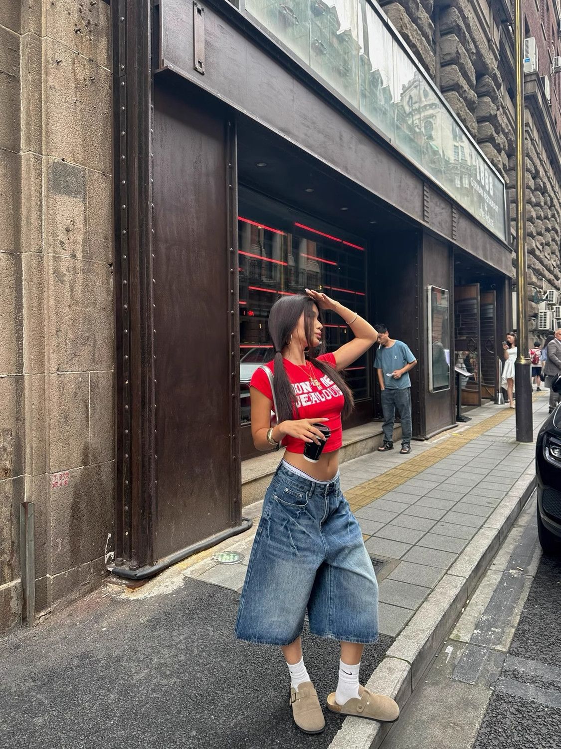 青ファッション ゆったりワイドガウチョパンツ