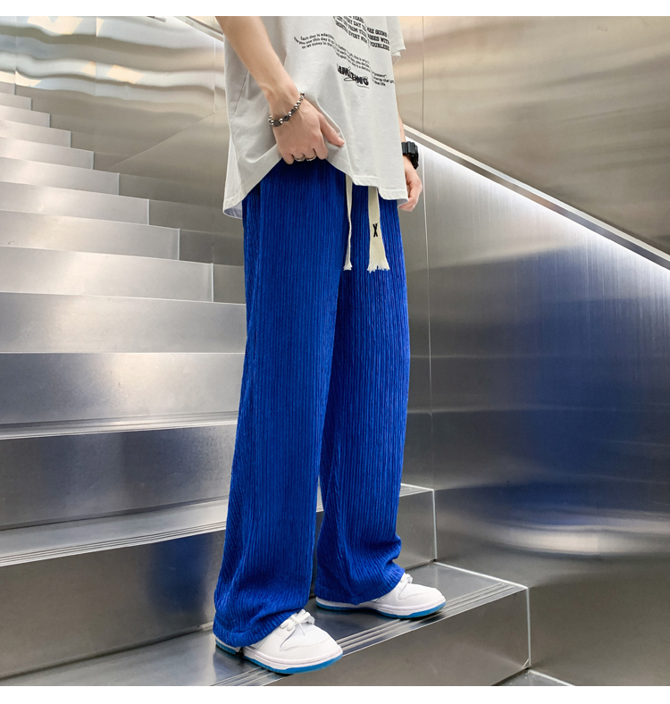 青ファッション しわ加工ワイドパンツ