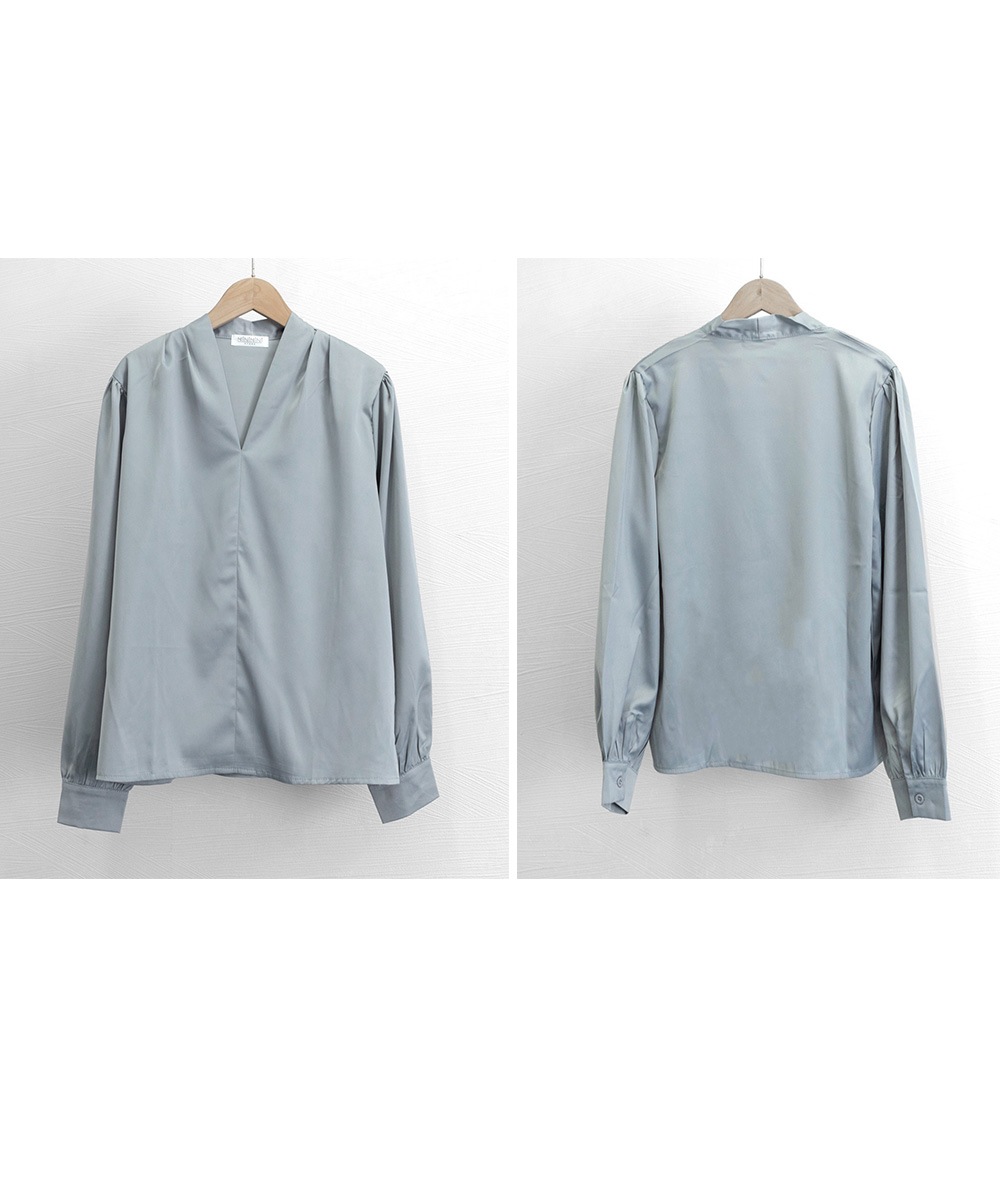 青ファッション 上品とろみ素材 Vネックブラウス