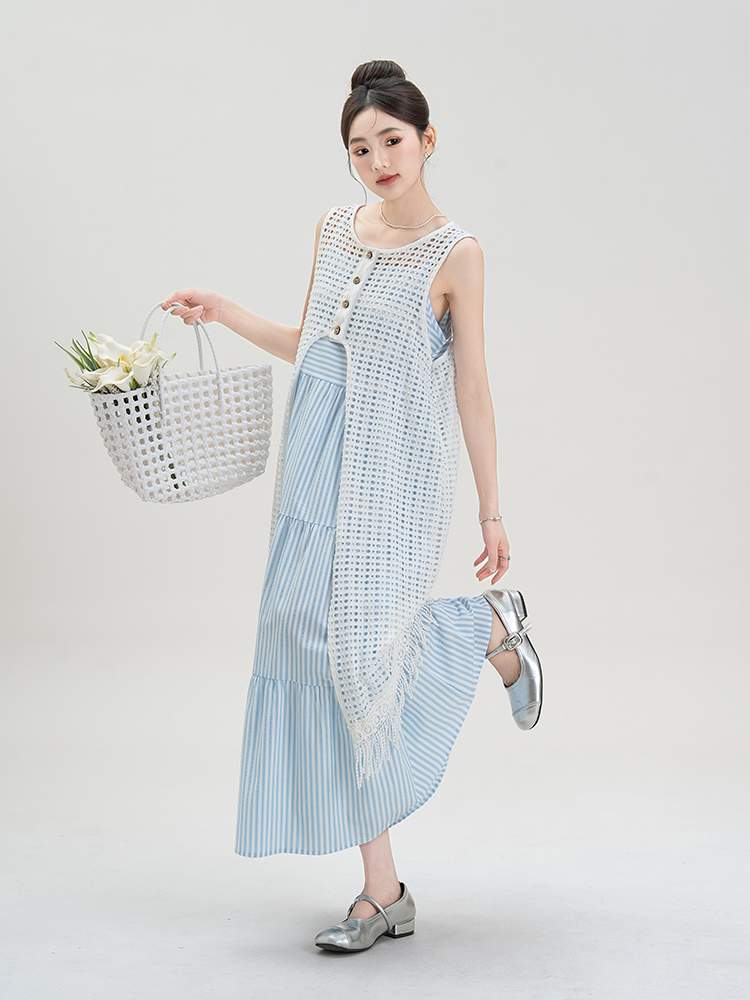青ファッション レイヤード風マキシスカート
