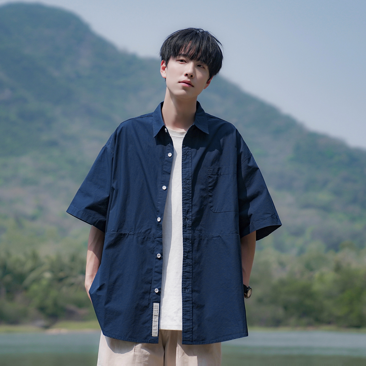 青ファッション 青ファッション ゆったりシルエット半袖シャツ