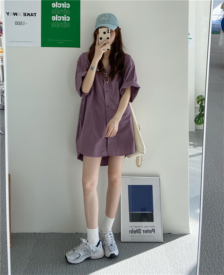 青ファッション ゆったりシルエット中丈シャツワンピース