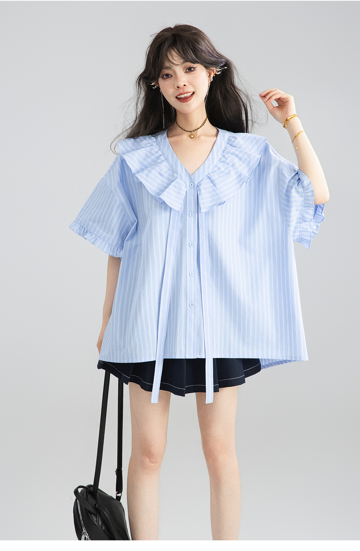 青ファッション ストライプ フリルカラーブラウス