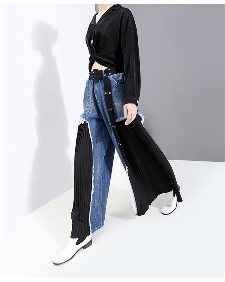 青ファッション 洗練されたハイウエストデニム切替プリーツワイドパンツ
