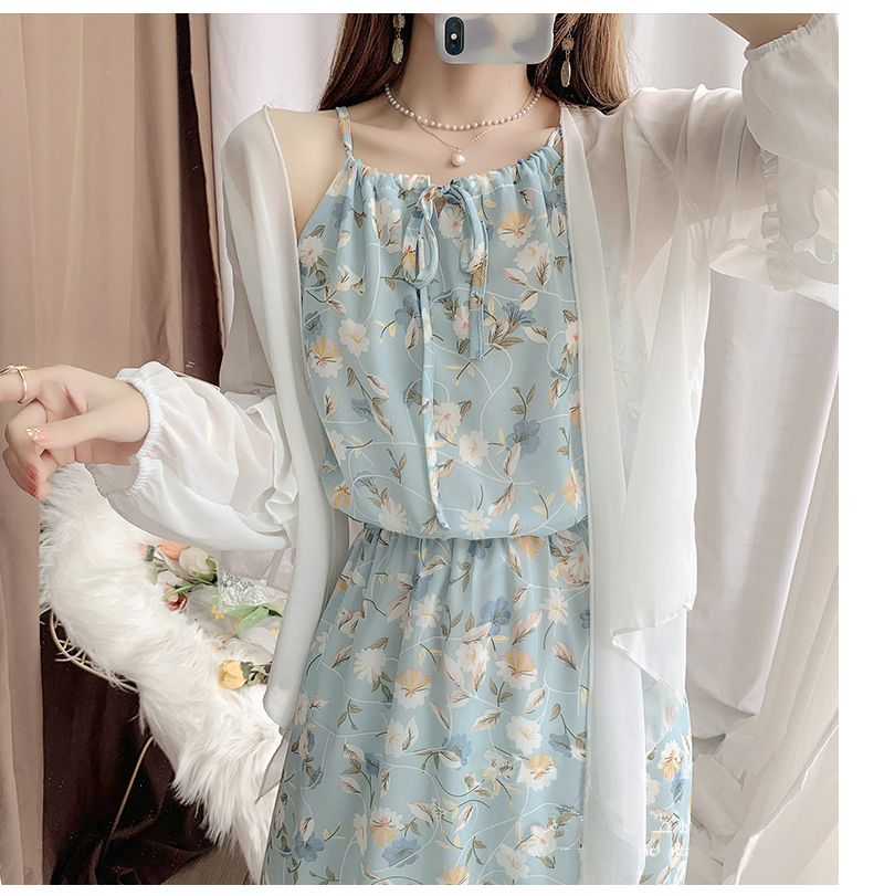 青ファッション 春夏花柄シフォンキャミワンピース水色