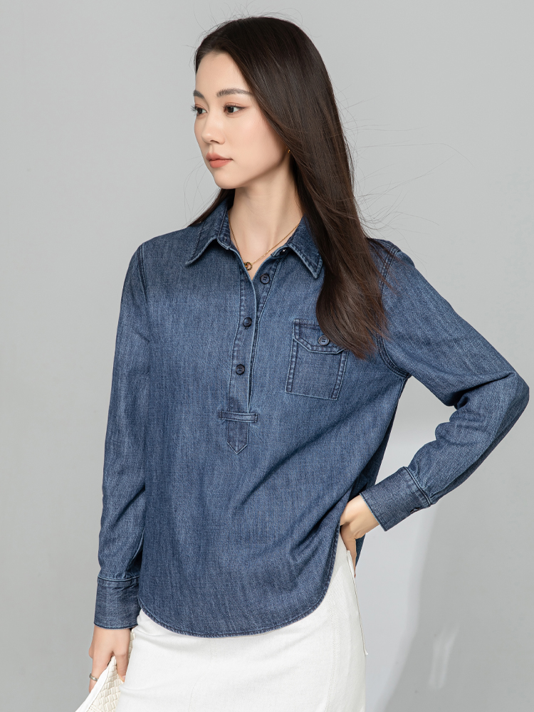 青ファッション プルオーバーデニムシャツ