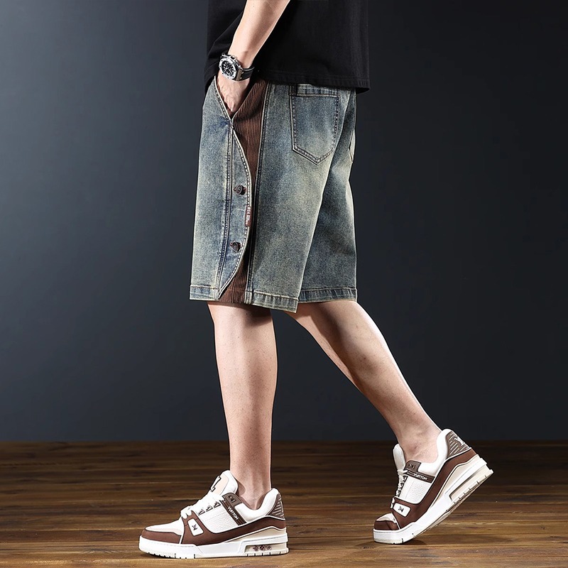 青ファッション サイドボタン デニムハーフパンツ