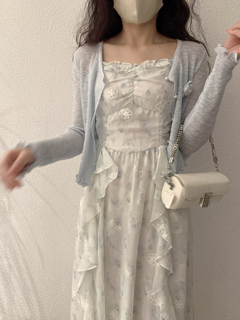 青ファッション フリルヘム 花モチーフ ショートカーディガン