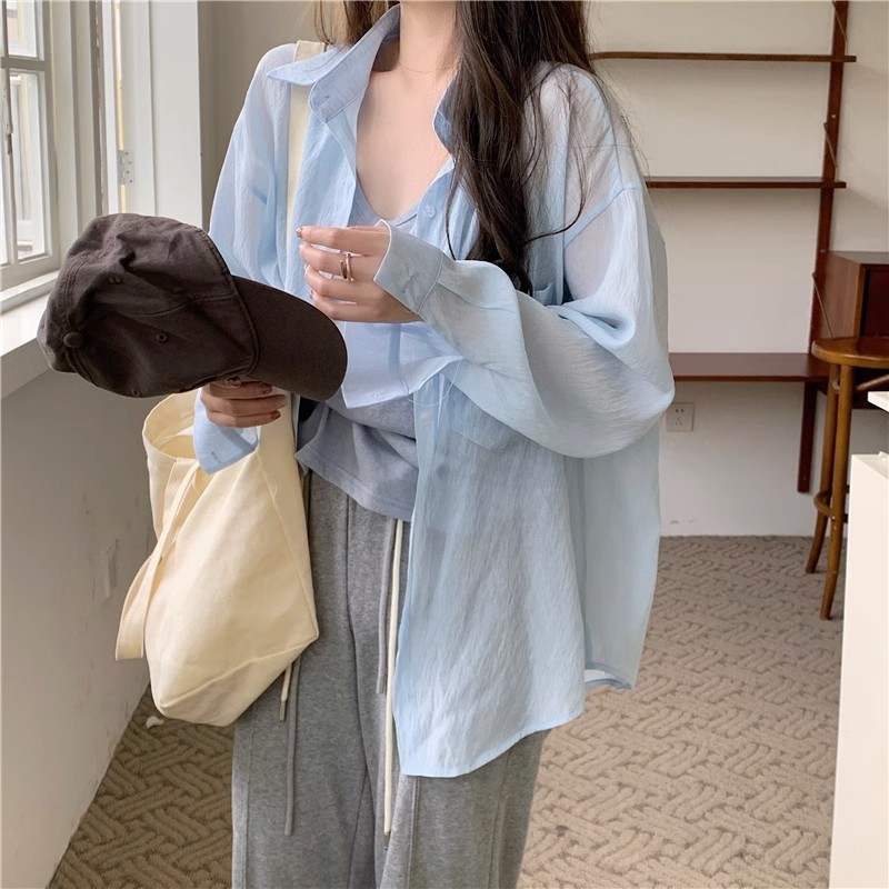 青ファッション シアーポケット薄手カーディガン