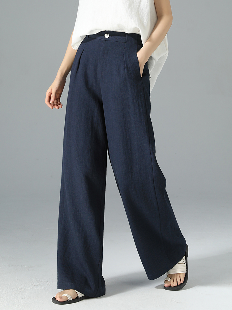 青ファッション リネン風ワイドパンツ