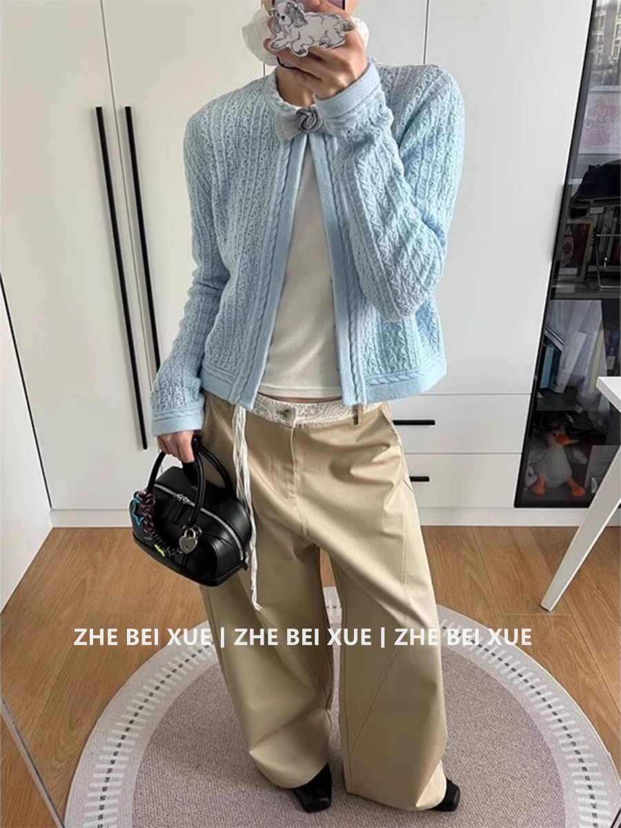 青ファッション 青ファッション 花結びケーブル編みショートカーディガン