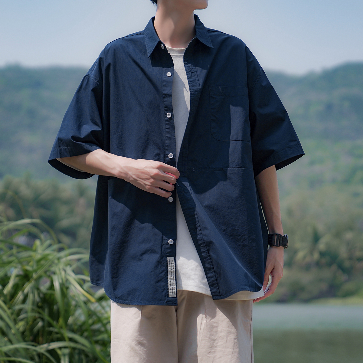青ファッション 青ファッション ゆったりシルエット半袖シャツ