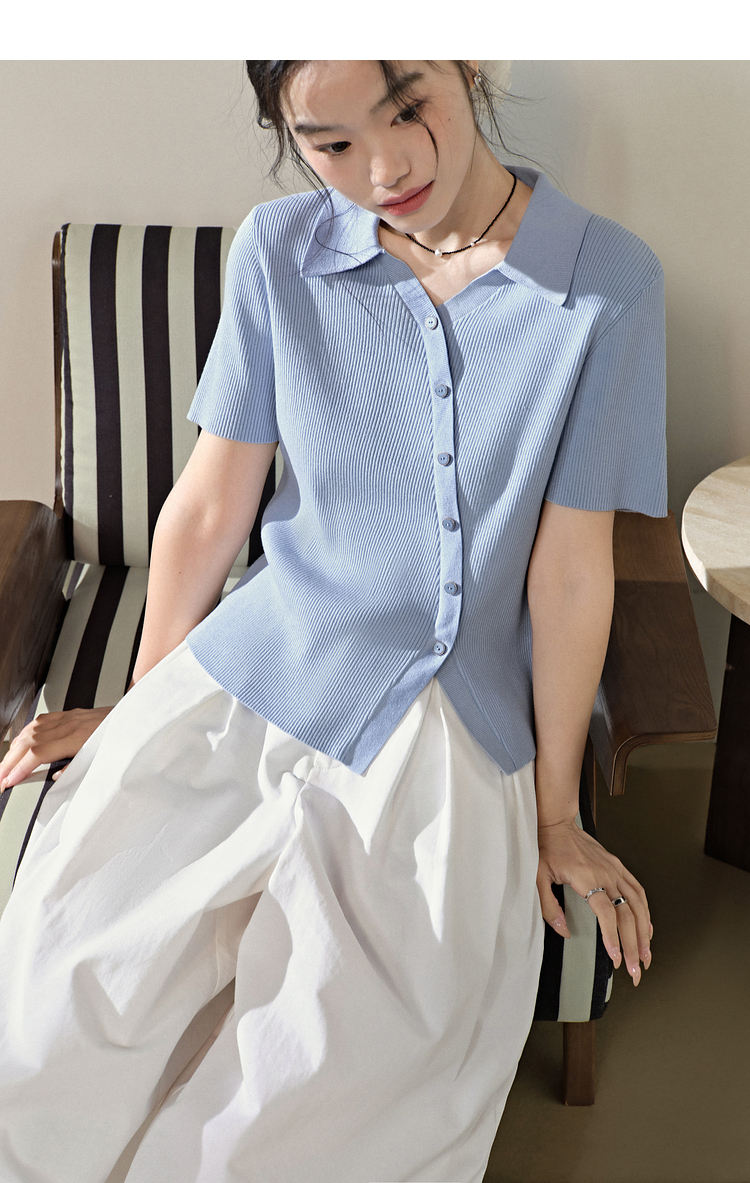 青ファッション 優美リブ編み襟付きカーディガン