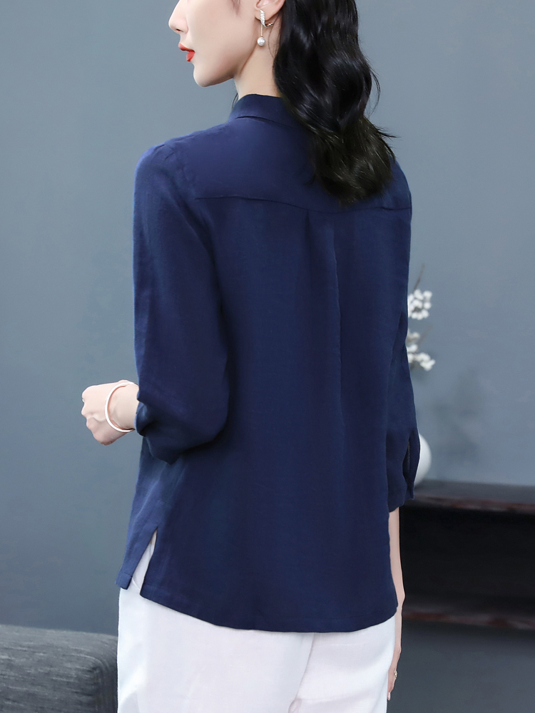 青ファッション 七分袖リネン風シンプルブラウス