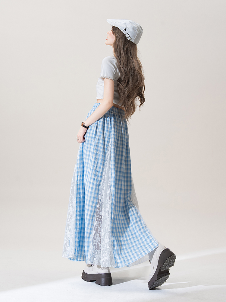 青ファッション 格子レース切替ロングスカート
