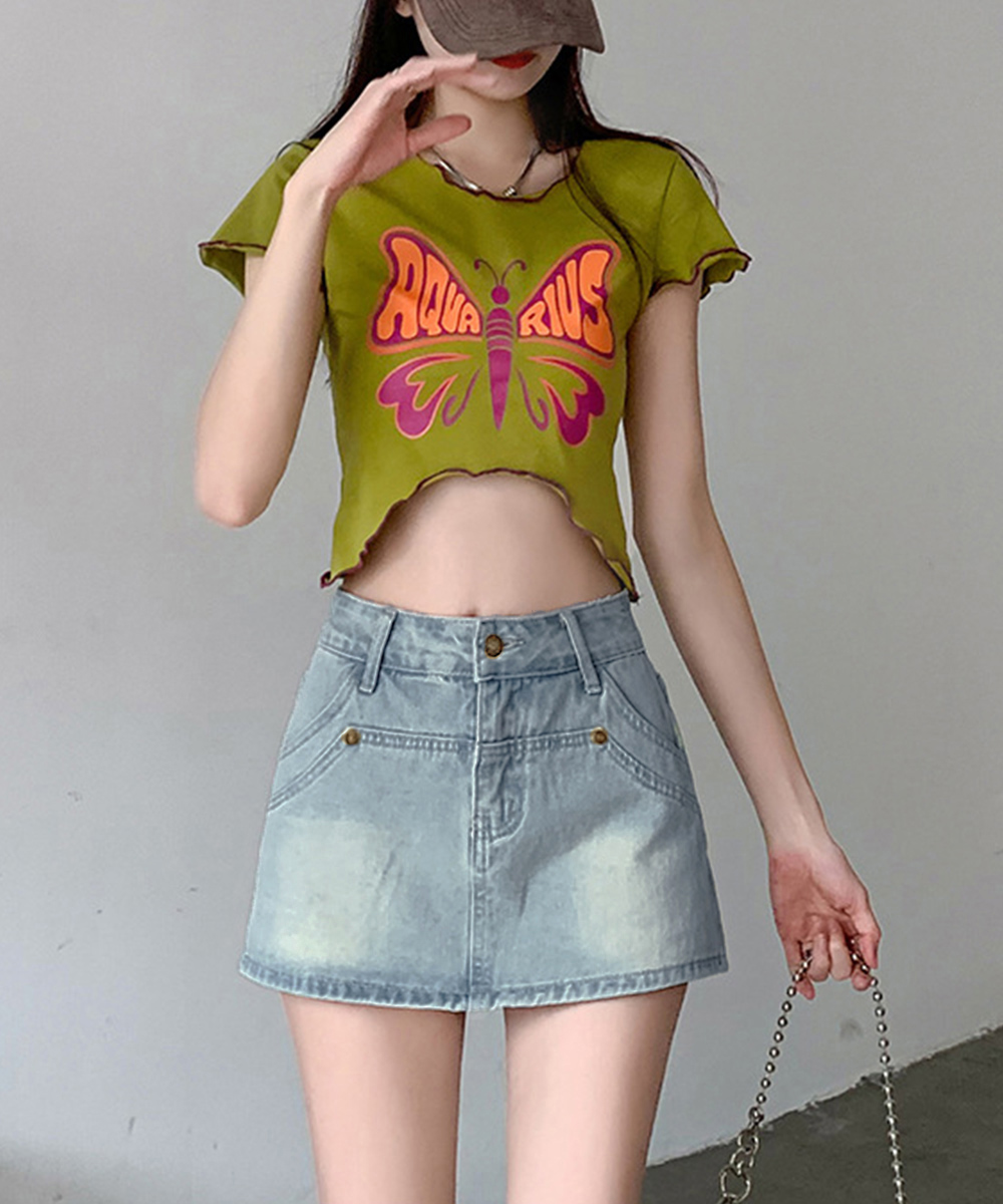青ファッション 美脚デニムスカパン 台形シルエットパンツ