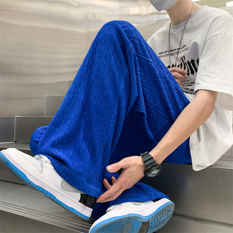 青ファッション しわ加工ワイドパンツ