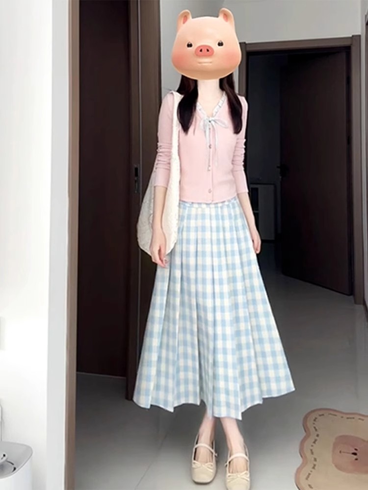 青ファッション 青ファッション 格子柄プリーツロングスカート